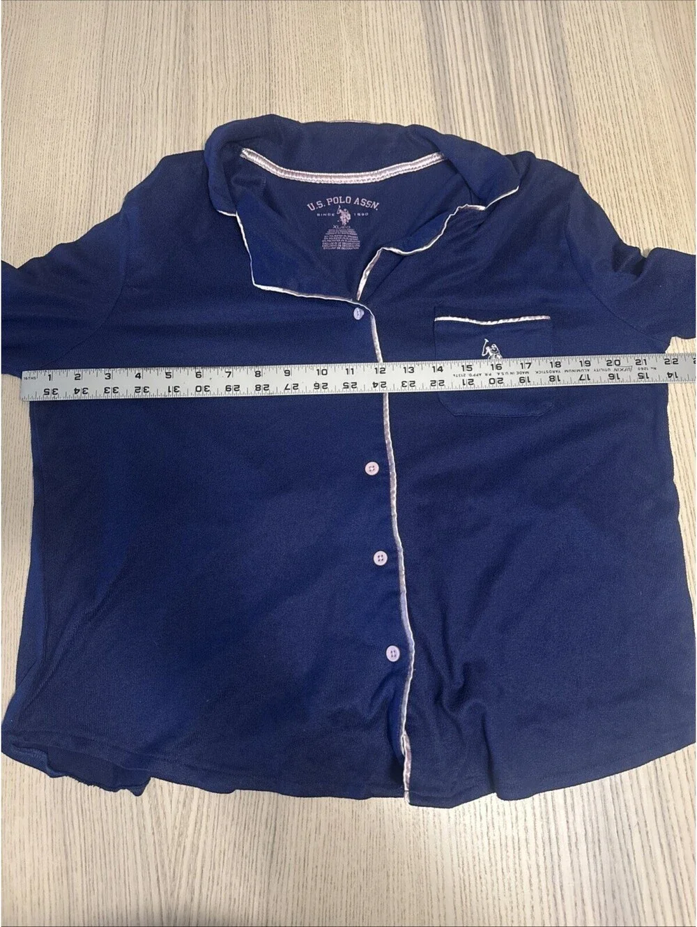 US Polo Assn Women’s Pajama Set Navy Blue Pink Piping Button Up Long Sleeve